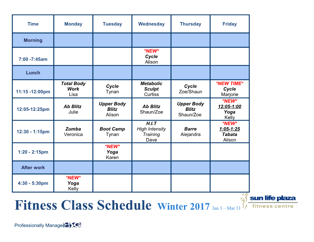 Fitness Class Schedule