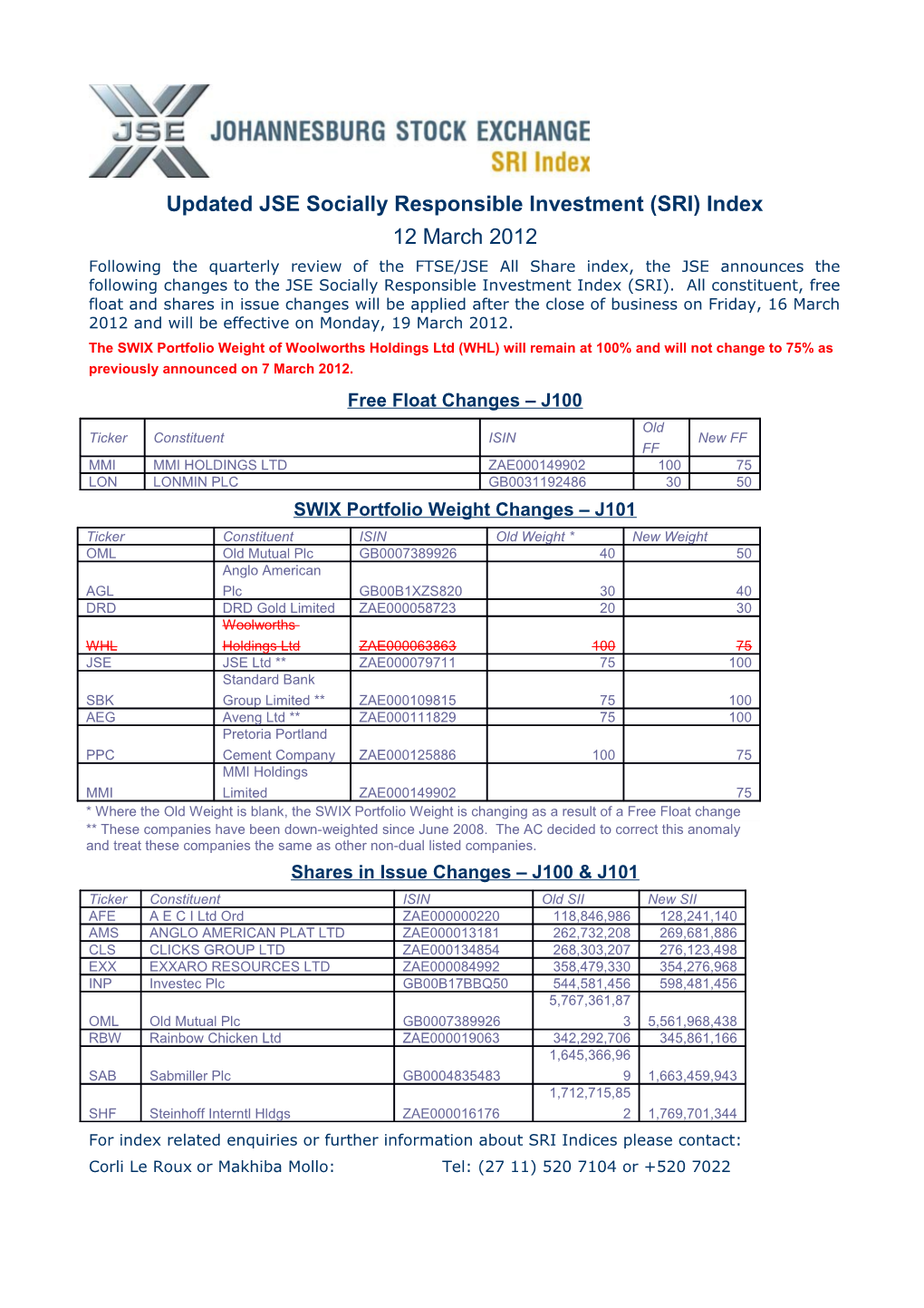 20120319 UPDATED Changes Due to FTSEJSE March Review SRI