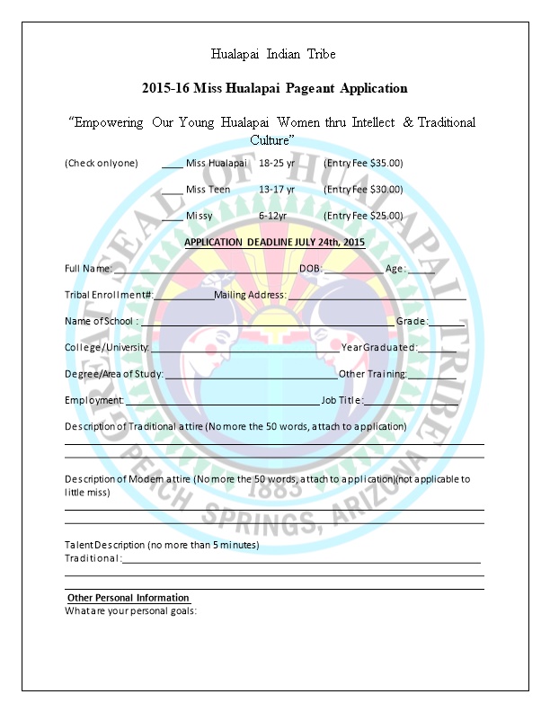 2015-16 Miss Hualapai Pageant Application