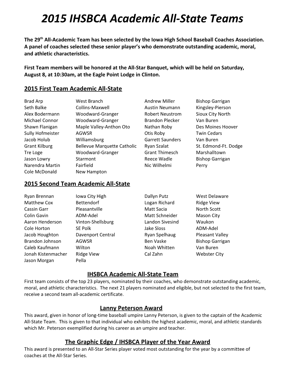 2015 IHSBCA Academic All-State Teams