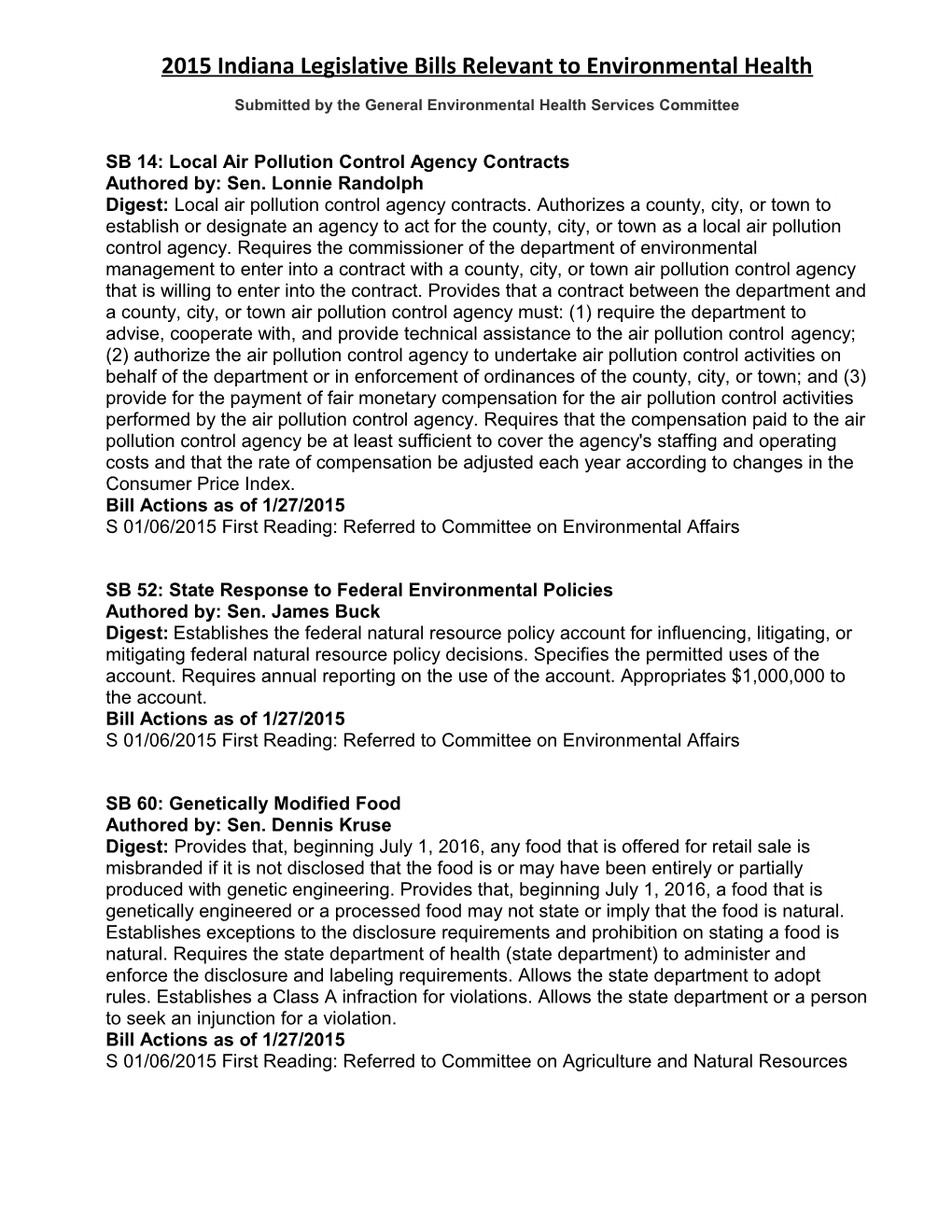 2015 Indiana Legislative Bills Relevant to Environmental Health