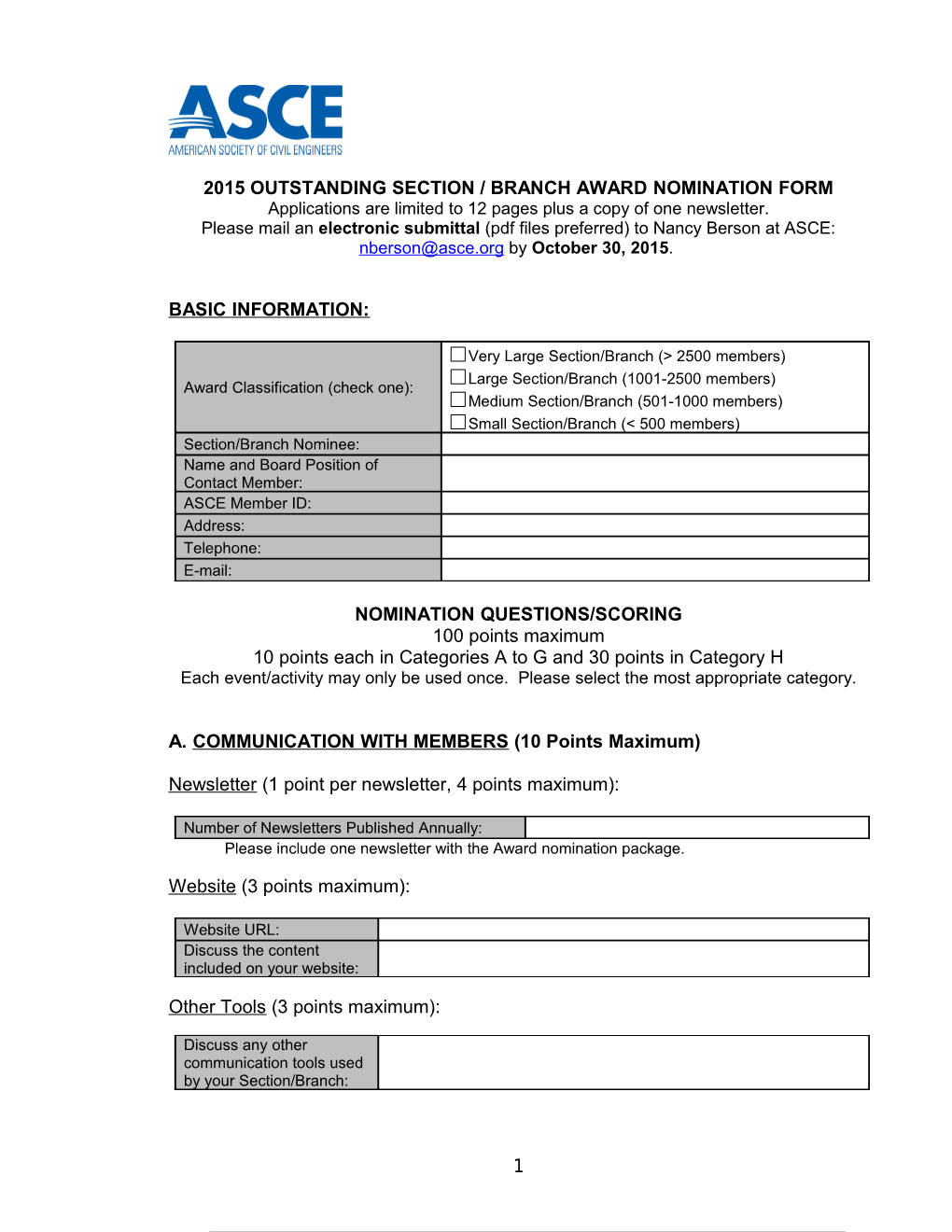 2015 Outstanding Section / Branch Award Nomination Form