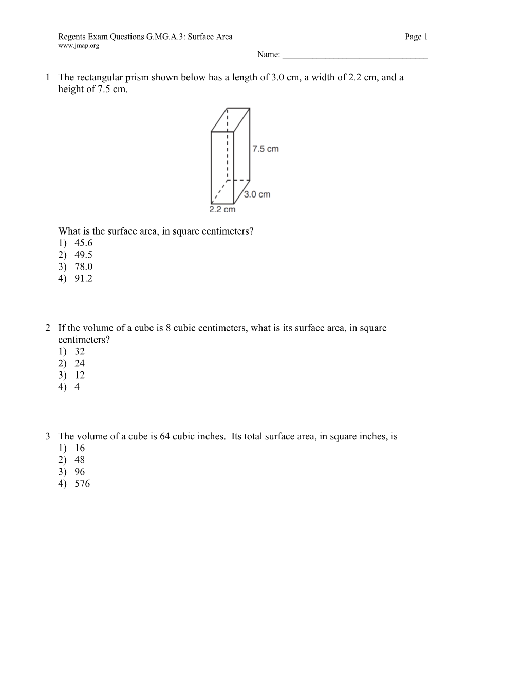 Regents Exam Questions G.MG.A.3: Surface Area Page 2