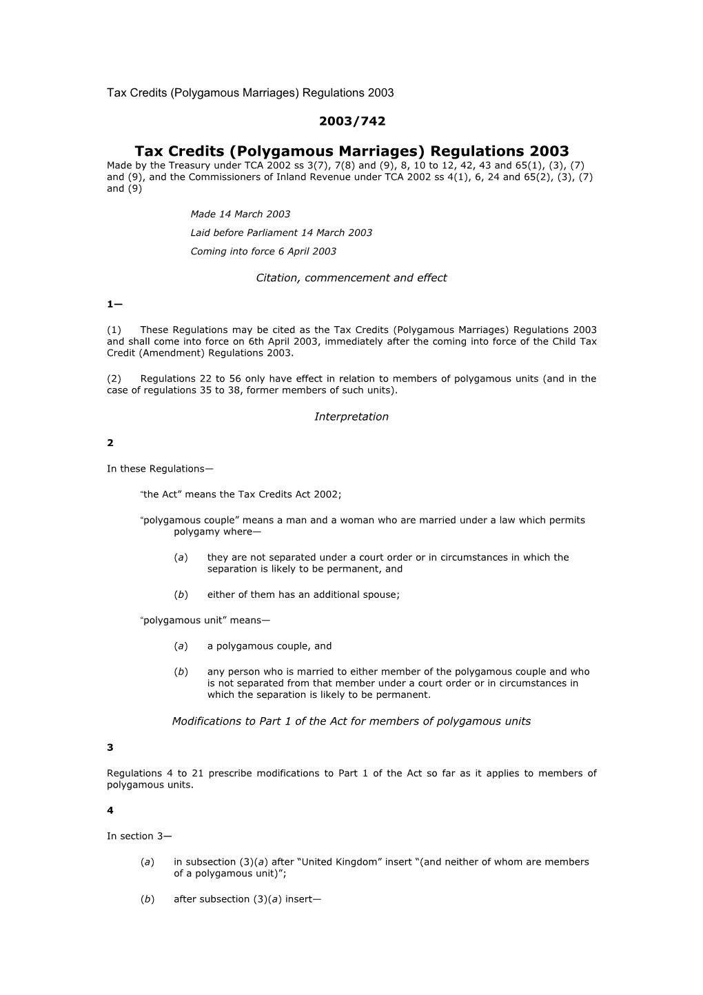 Tax Credits (Polygamous Marriages) Regulations 2003