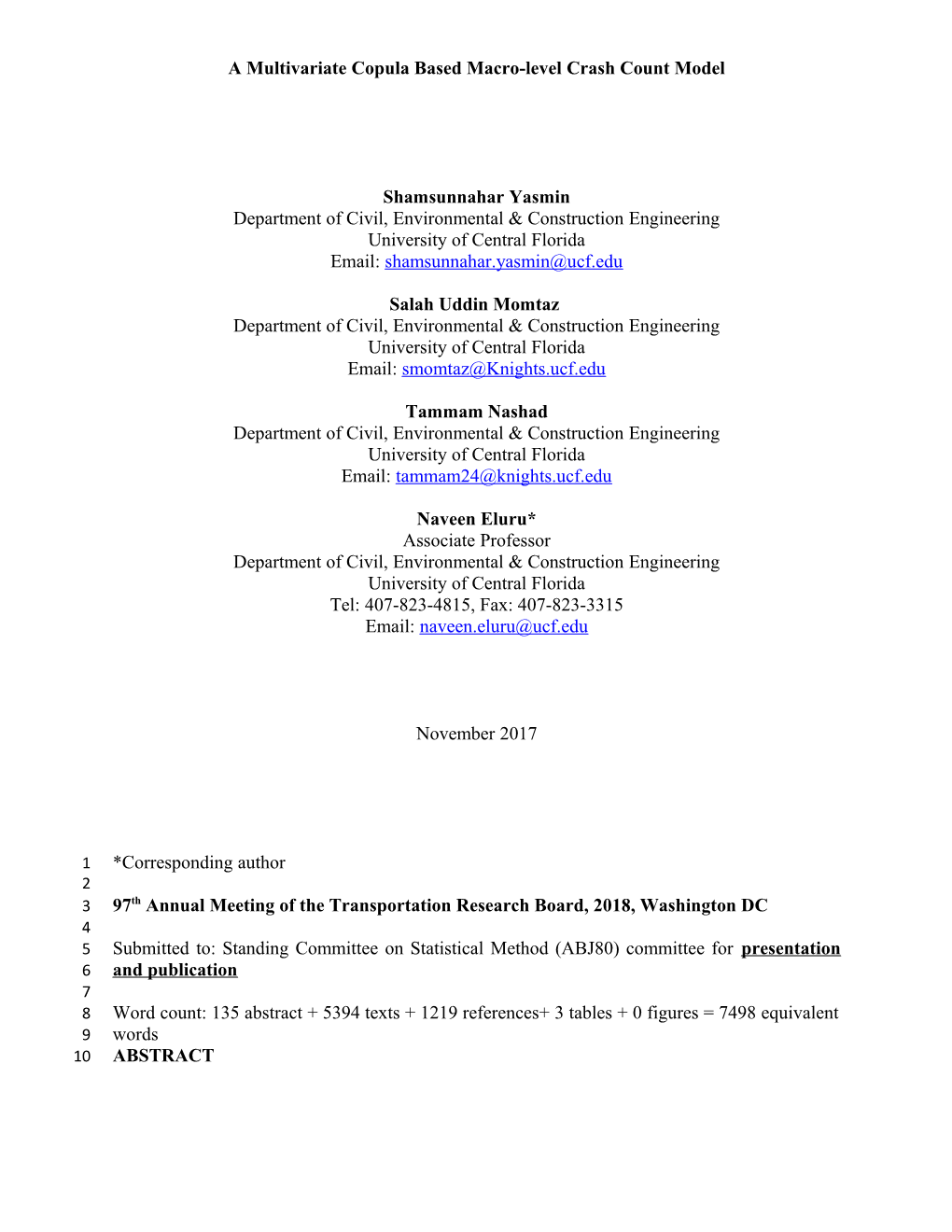 A Multivariate Copula Based Macro-Level Crash Count Model