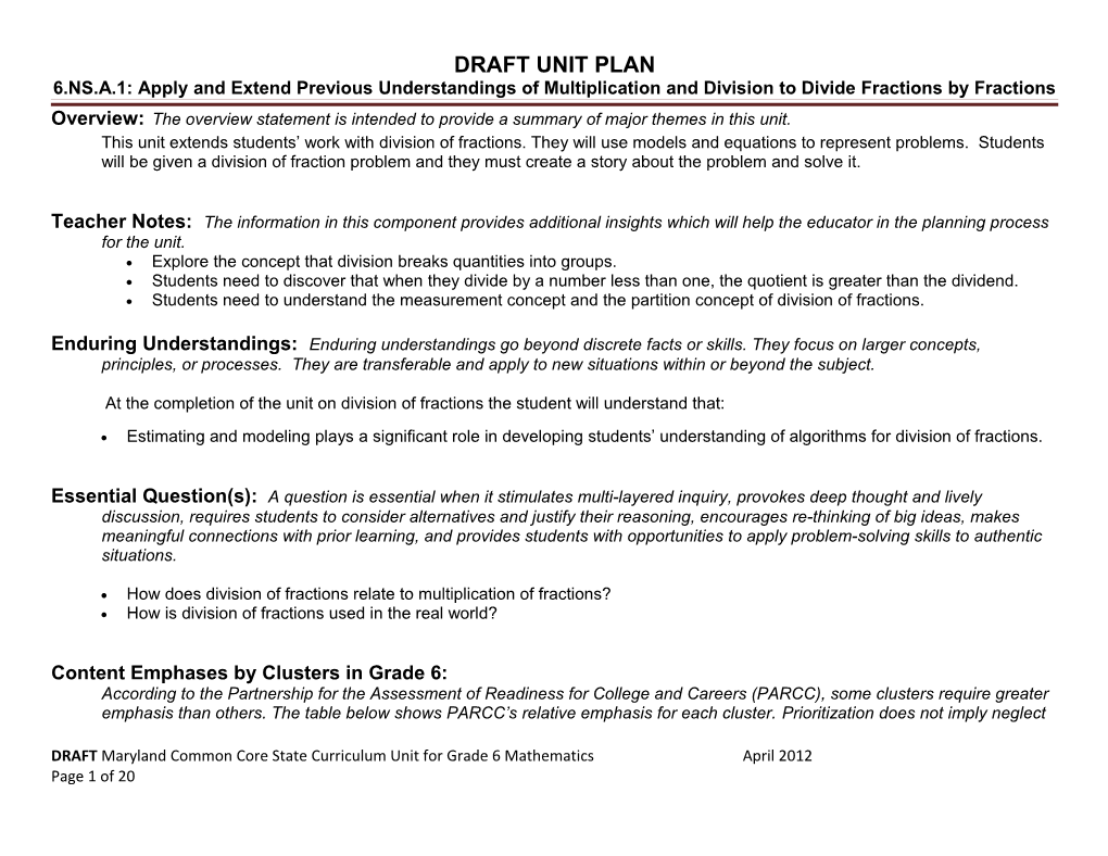 Draft Unit Plan: Grade 6 Understand Ratio Concepts and Use Ratio Reasoning to Solve Problems