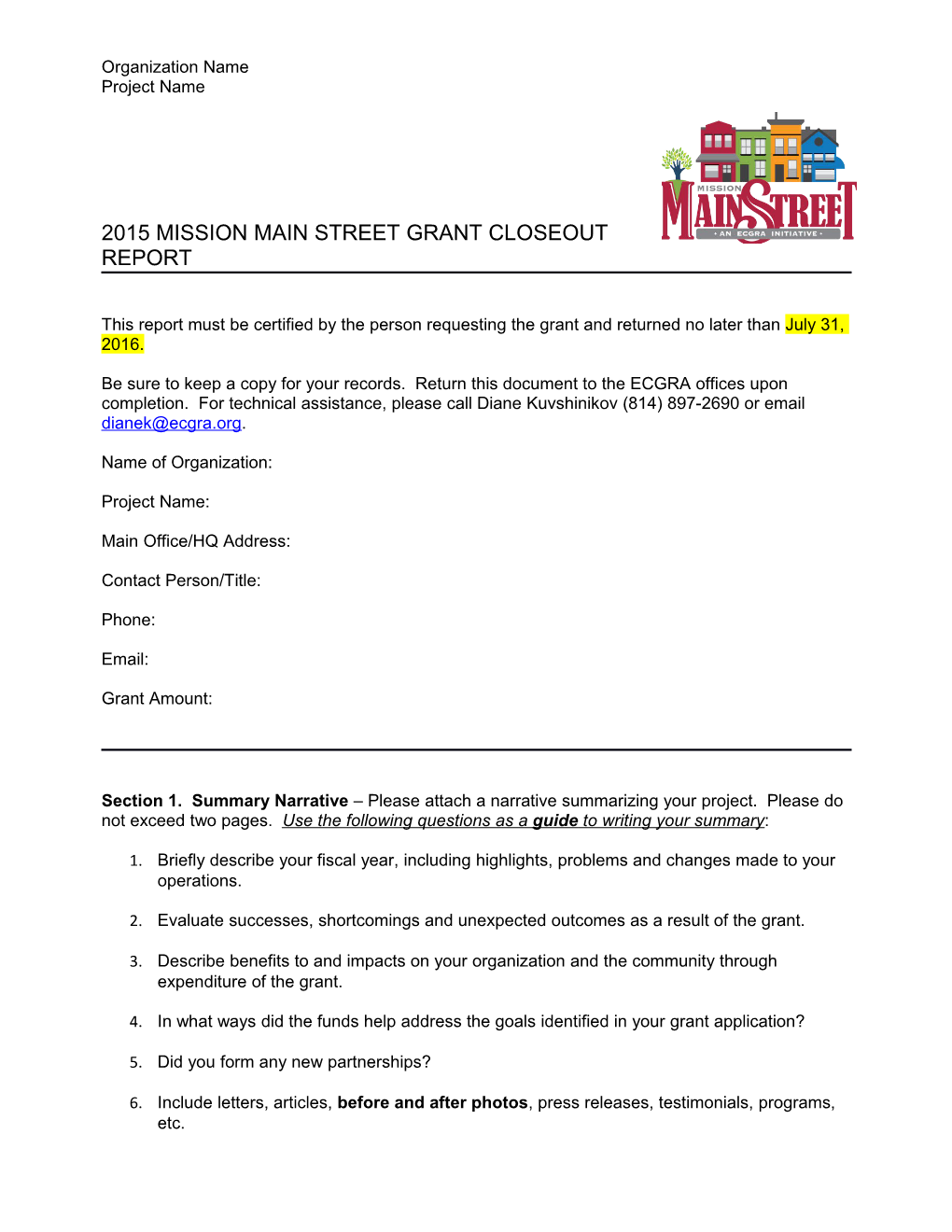 2015Mission Main Street Grant Closeout Report