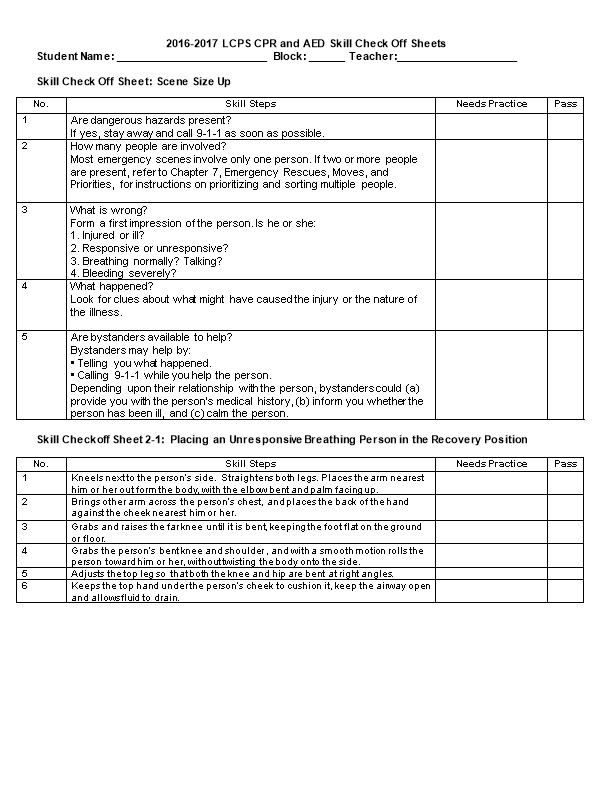 2016-2017 LCPS CPR and AED Skill Check Off Sheets