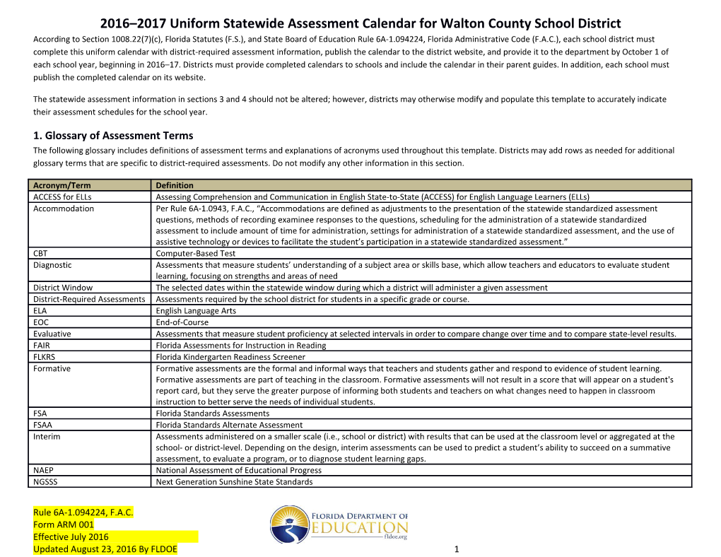 2016 2017 Uniform Statewide Assessment Calendarfor Walton County School District