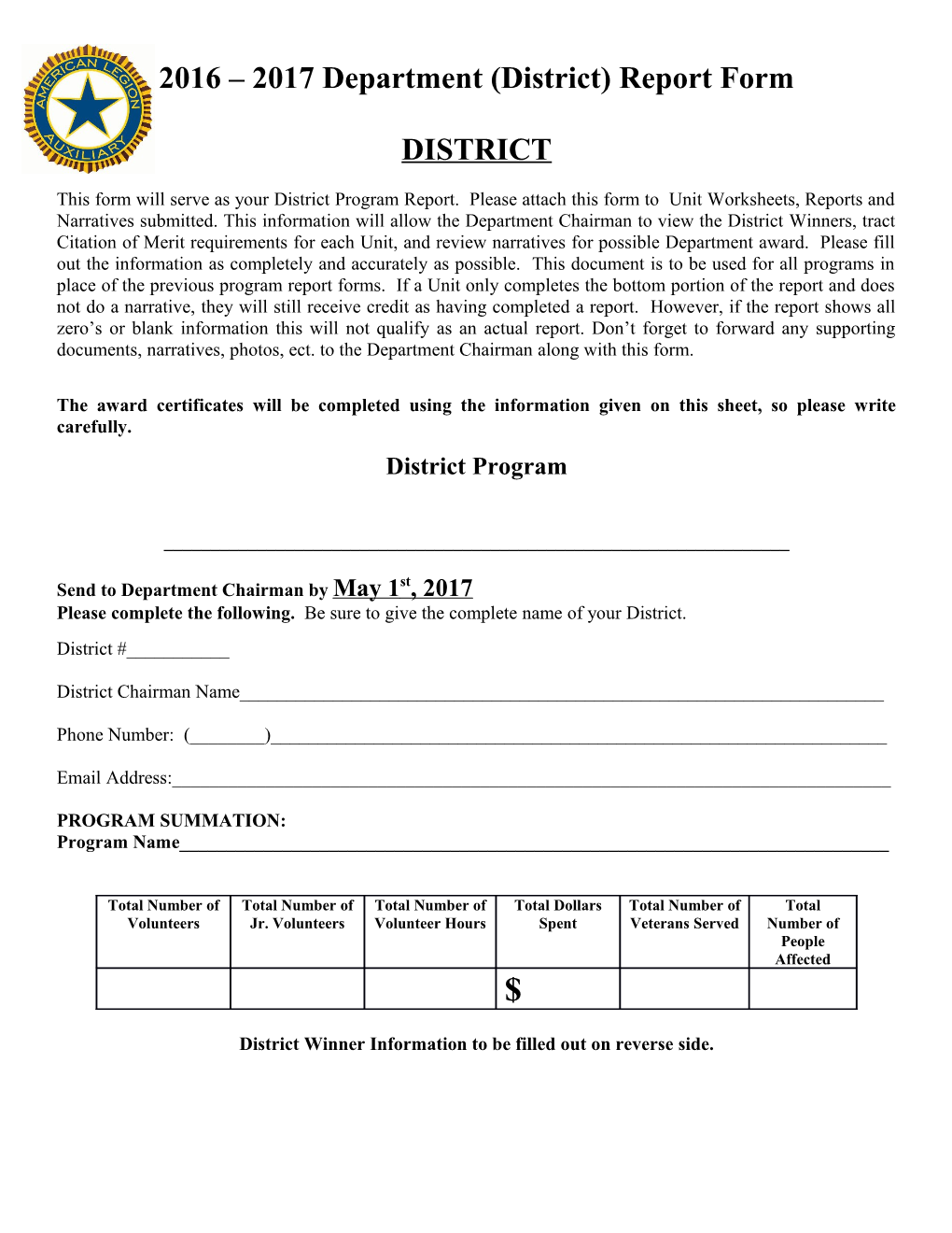 2016 2017Department (District)Report Form