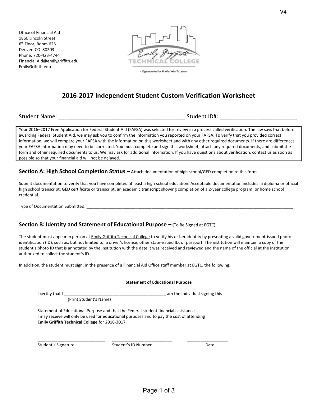 2016-2017Independent Student Custom Verification Worksheet