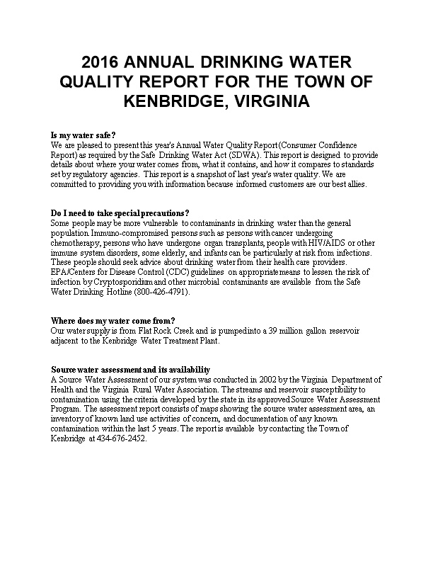 2016 Annual Drinking Water Quality Report for the Town of Kenbridge, Virginia
