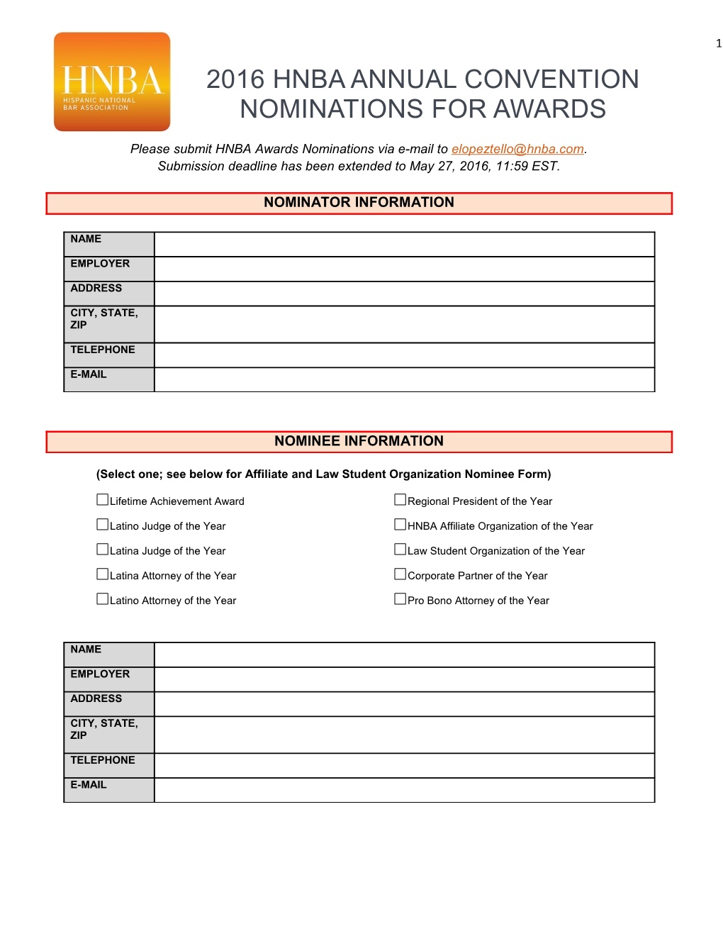 2016 Hnba Annual Convention Nominations for Awards