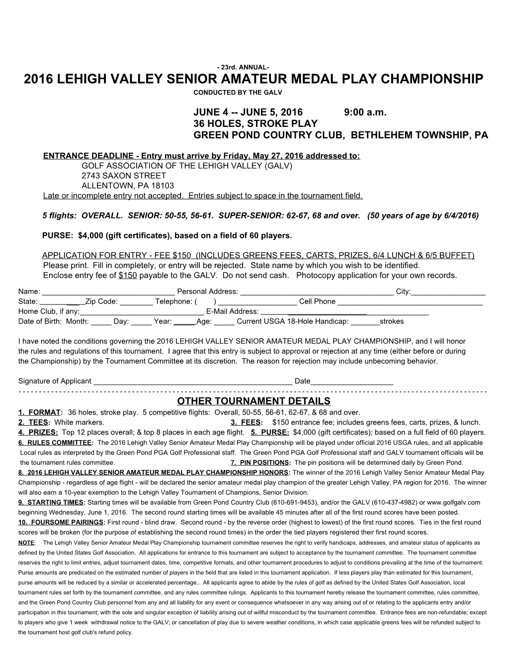 2016 Lehigh Valley Senior Amateur Medal Play Championship