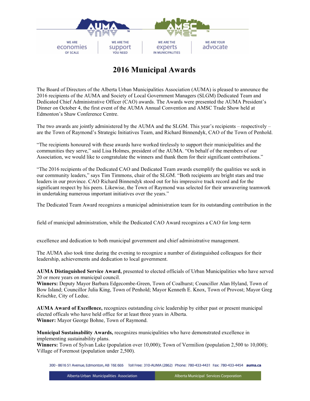2016 Municipal Awards
