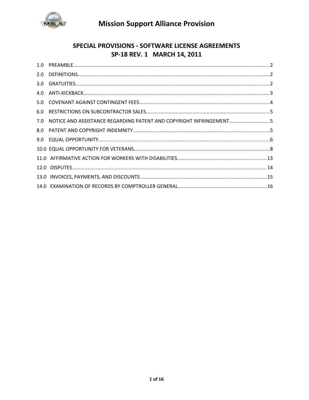 Special Provisions - Software Licens E Agreements Sp-18 Rev. 1 March 14, 2011