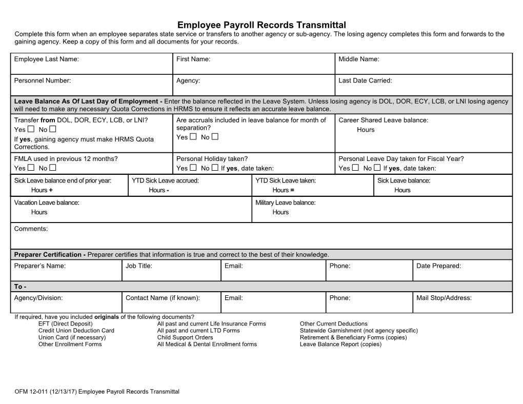 Employee Payroll Records Transmittal