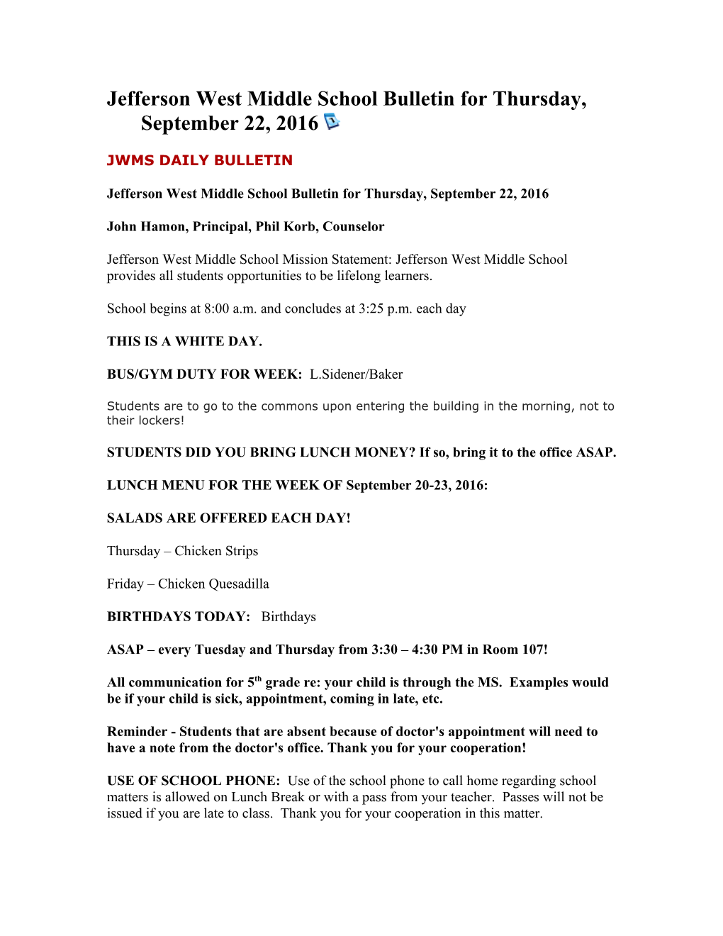 Jwms Daily Bulletin