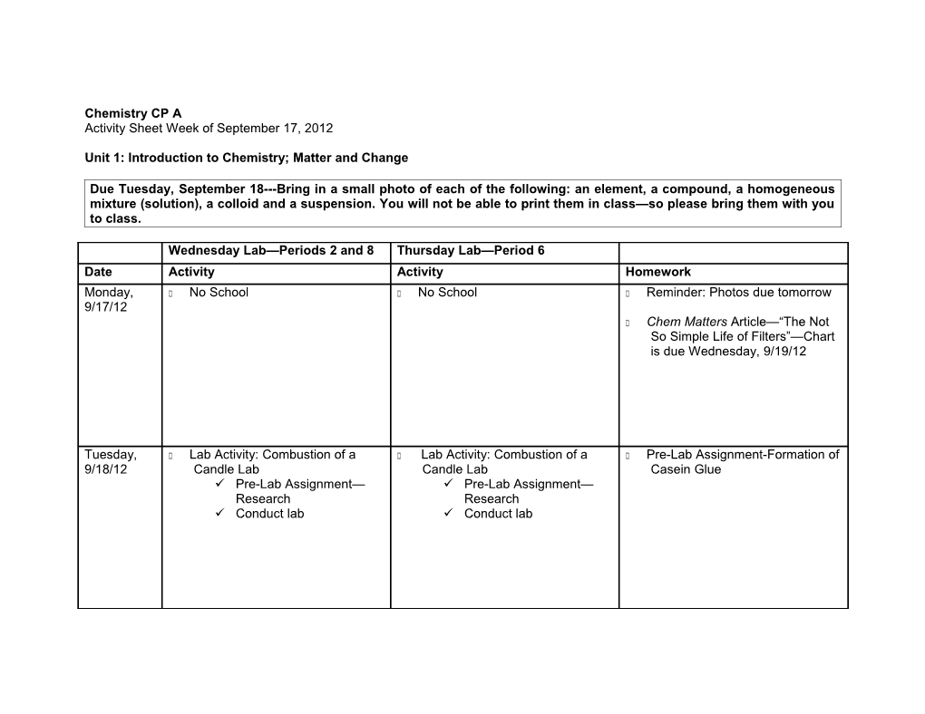 Unit 1: Introduction to Chemistry; Matter and Change