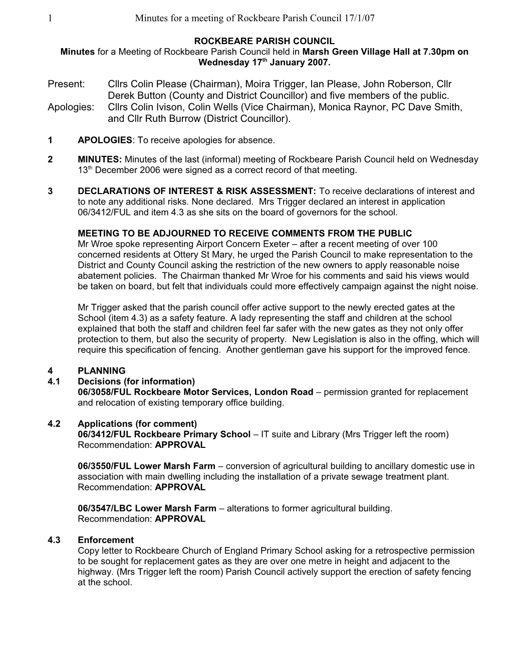 1 Minutes for a Meeting of Rockbeare Parish Council 17/1/07