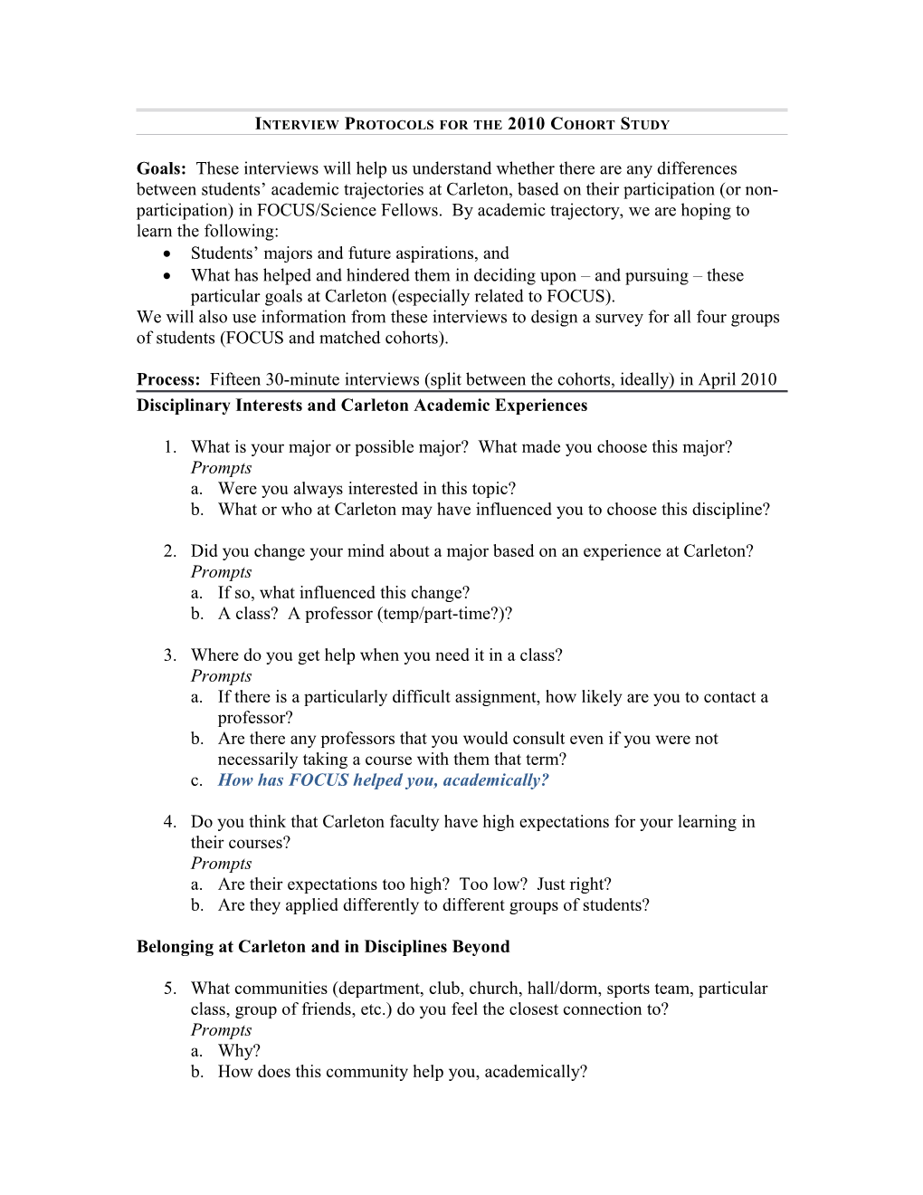 Interview Protocols for the 2010 Cohort Study