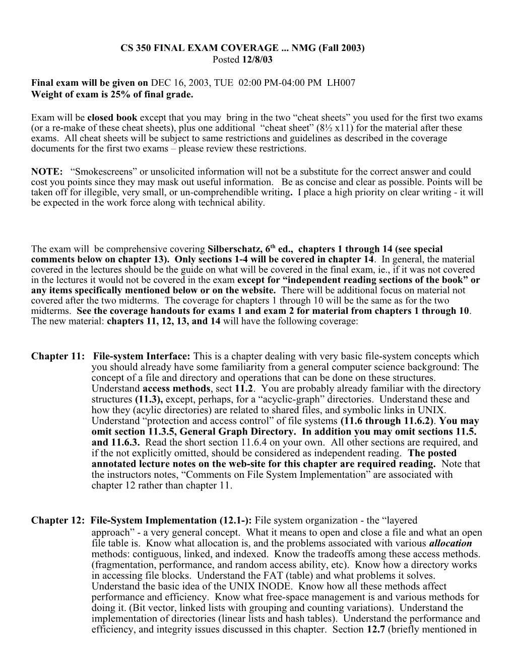 CS 350 FINAL EXAM COVERAGE NMG (Fall 2003)