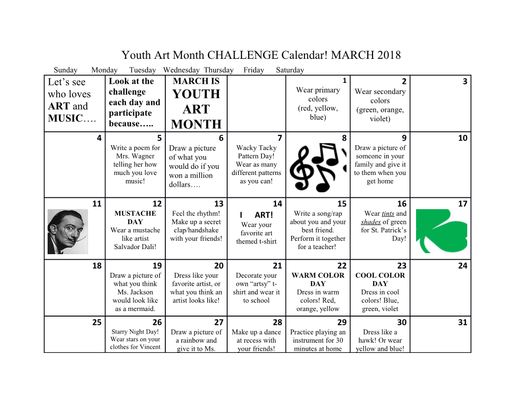 Youth Art Month CHALLENGE Calendar! MARCH 2018