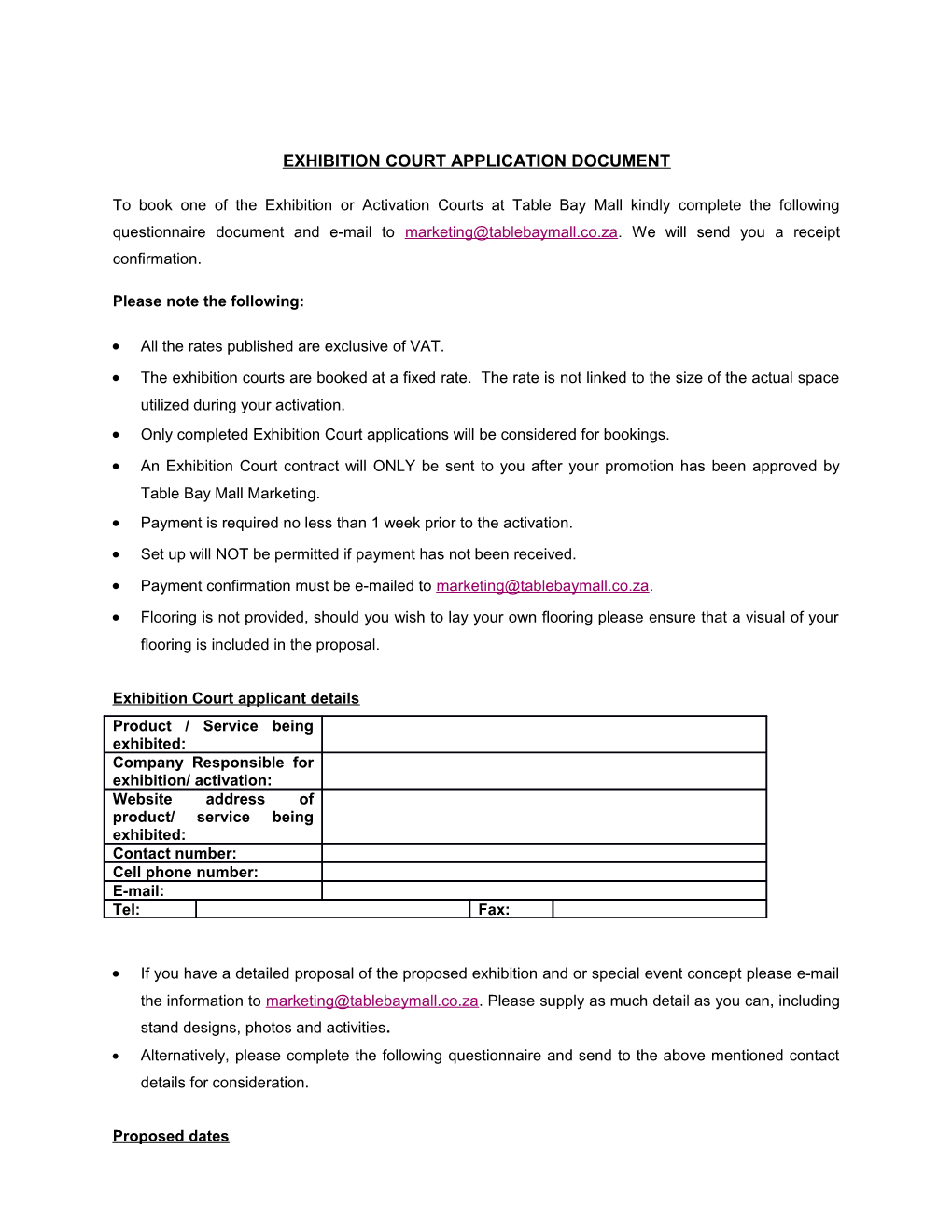 Exhibition Court Application Document