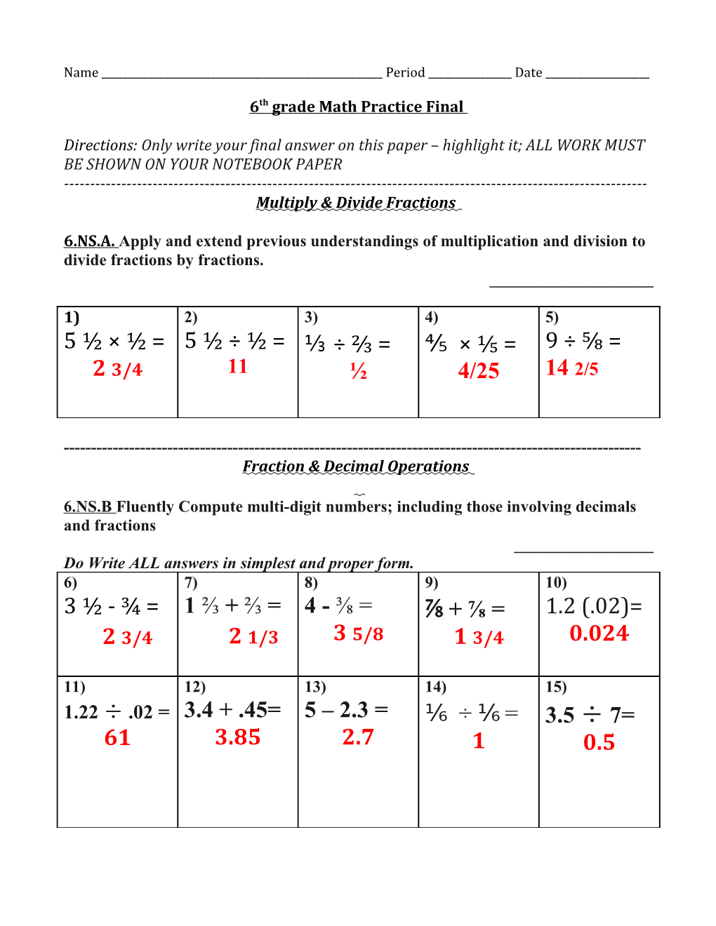 6Th Grade Math Practice Final