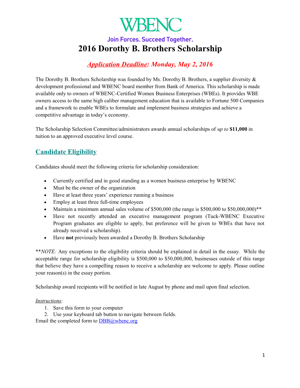 2016Dorothy B. Brothers Scholarship