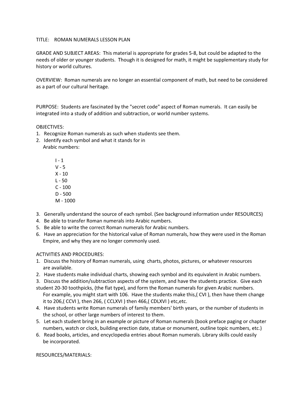 Title: Roman Numerals Lesson Plan