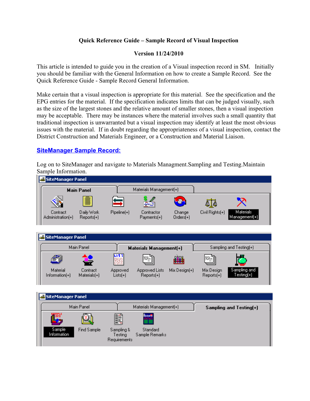 Quick Reference Guide Sample Record of Visual Inspection