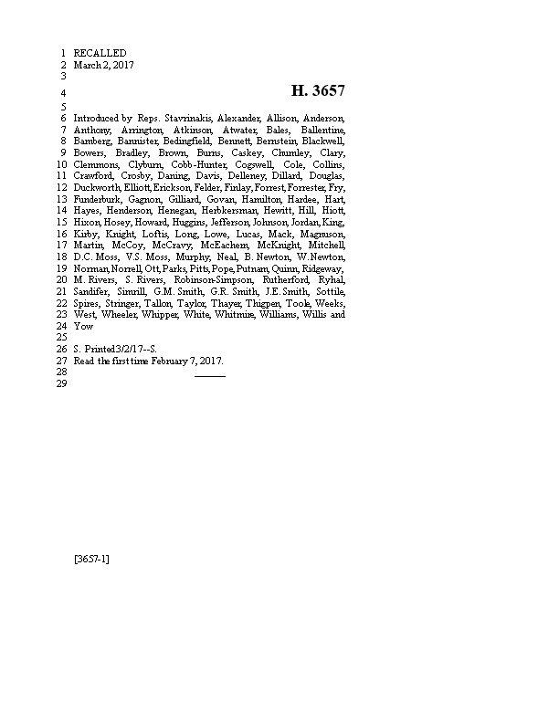 2017-2018 Bill 3657 Text of Previous Version (Mar. 2, 2017) - South Carolina Legislature Online