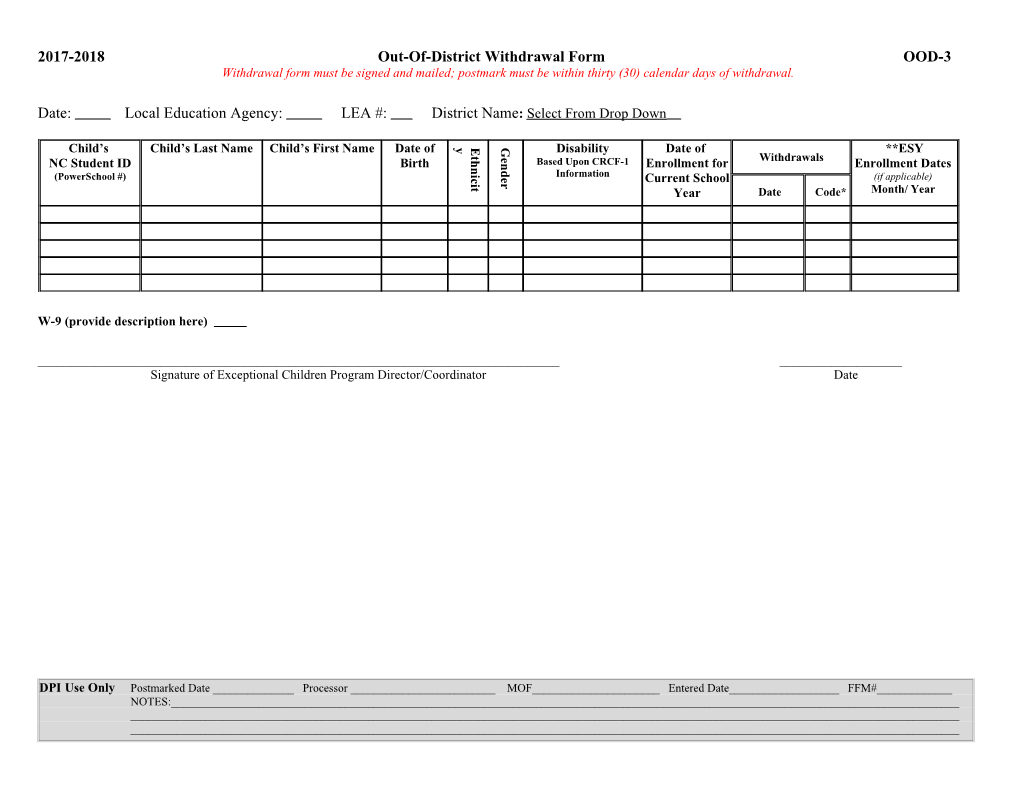 2017-2018 Out-Of-District Withdrawal Form OOD-3