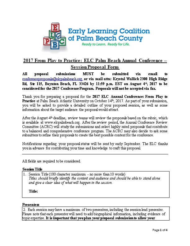2017 from Play to Practice: ELC Palm Beach Annual Conference Session Proposal Form