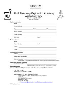 2017 Pharmacy Exploration Academy Application Form