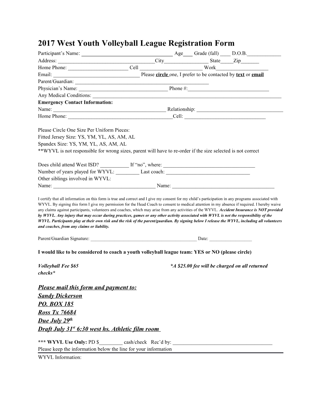 2017 West Youth Volleyball League Registration Form