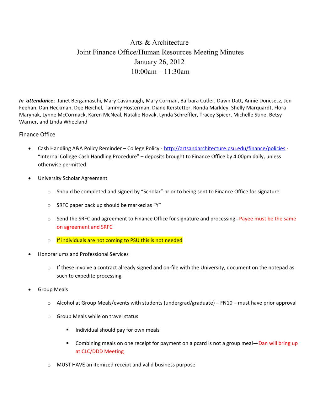 Joint Finance Office/Human Resources Meeting Minutes