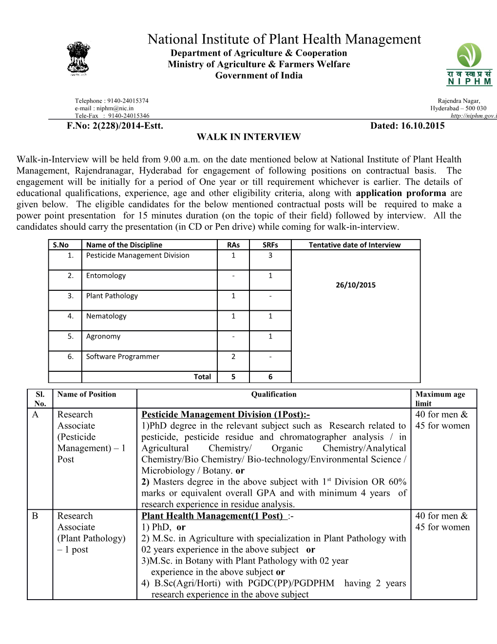 F.No: 2(228)/2014-Estt. Dated: 16.10.2015