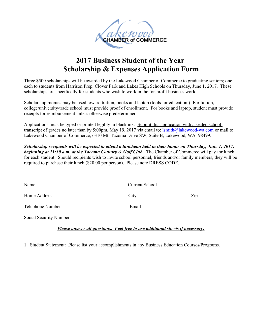 2017Business Student of the Year Scholarship & Expenses Application Form