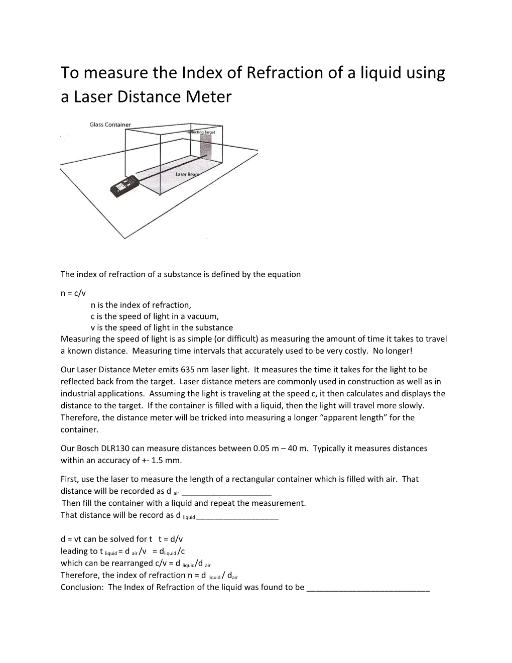 To Measure the Index of Refraction of a Liquid Using a Laser Distance Meter