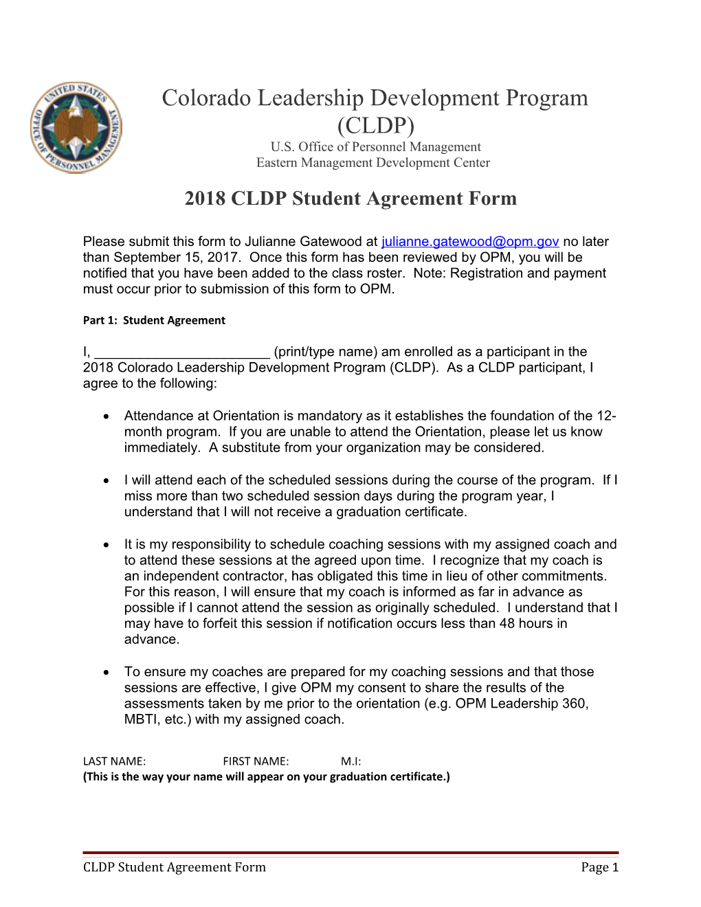 2018 CLDP Student Agreement Form
