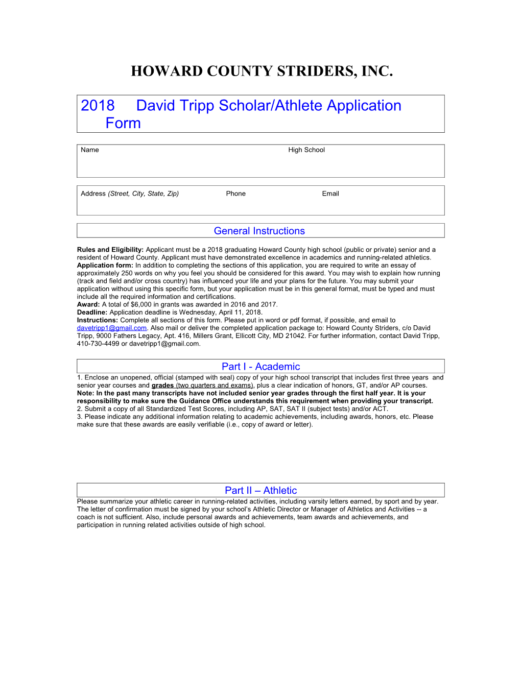 2018 David Tripp Scholar/Athlete Application Form