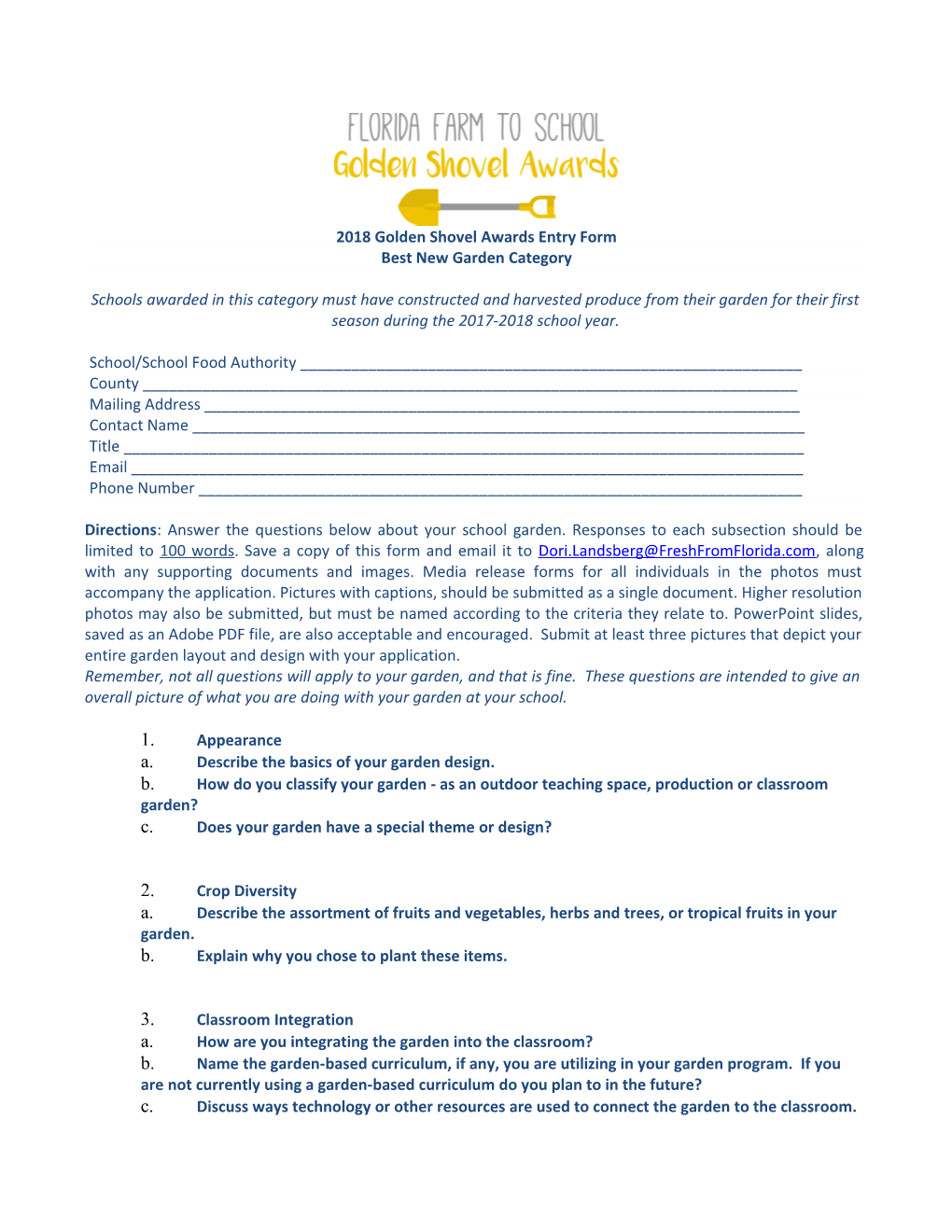 2018 Golden Shovel Awards Entry Form
