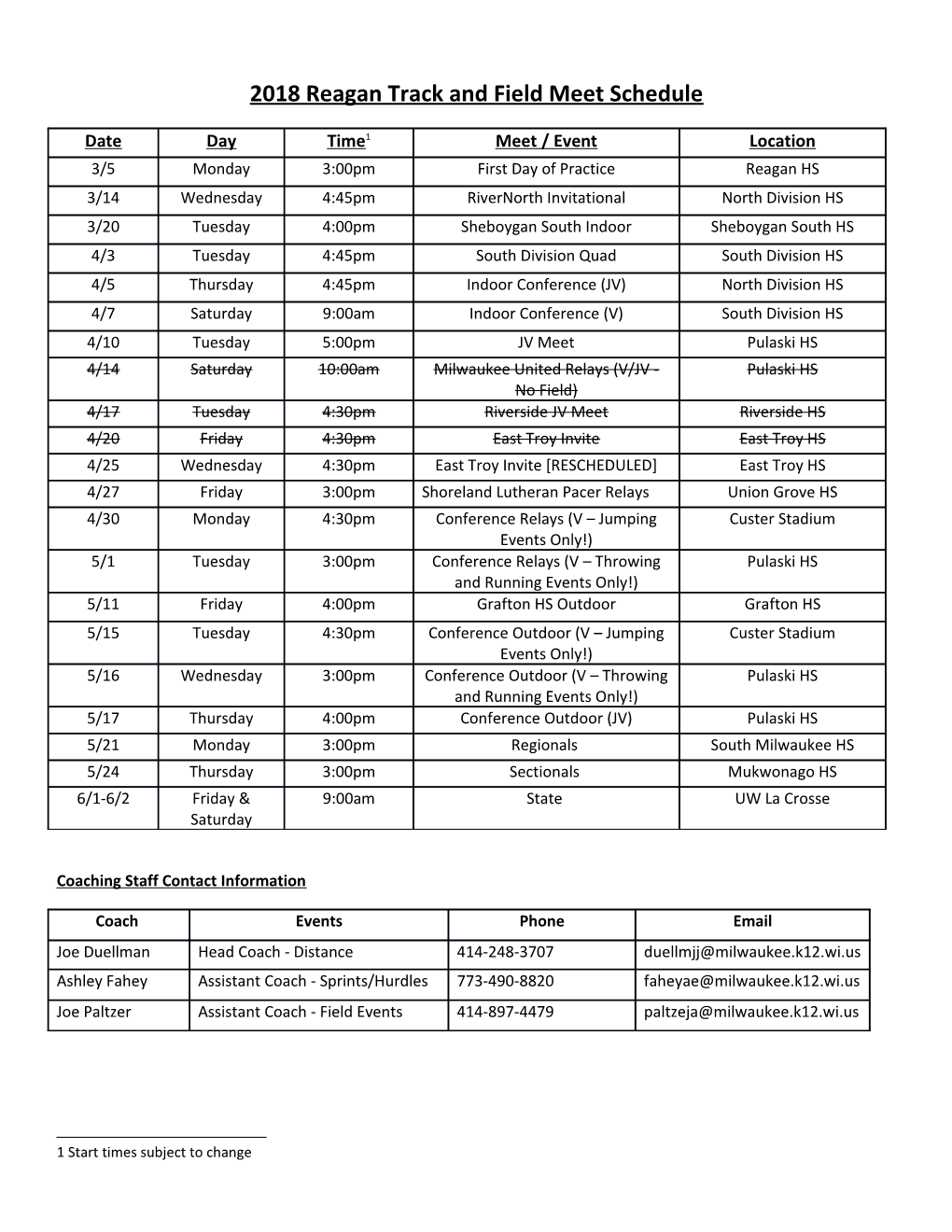 2018 Reagan Track and Field Meet Schedule
