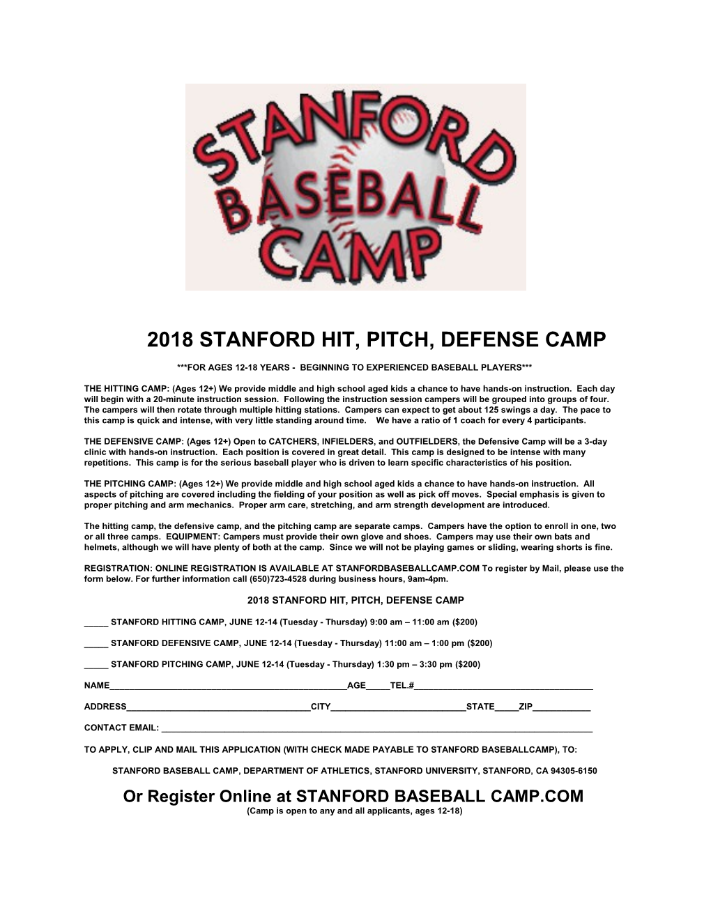 2018 Stanford Hit, Pitch, Defense Camp
