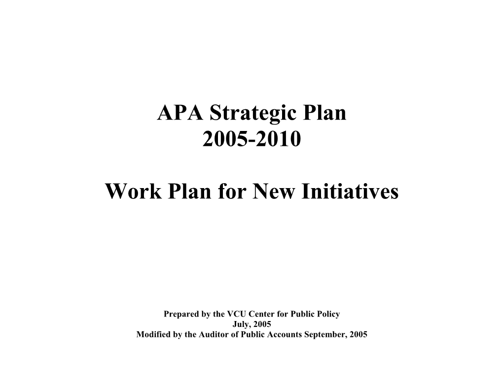 Work Plan for New Initiatives