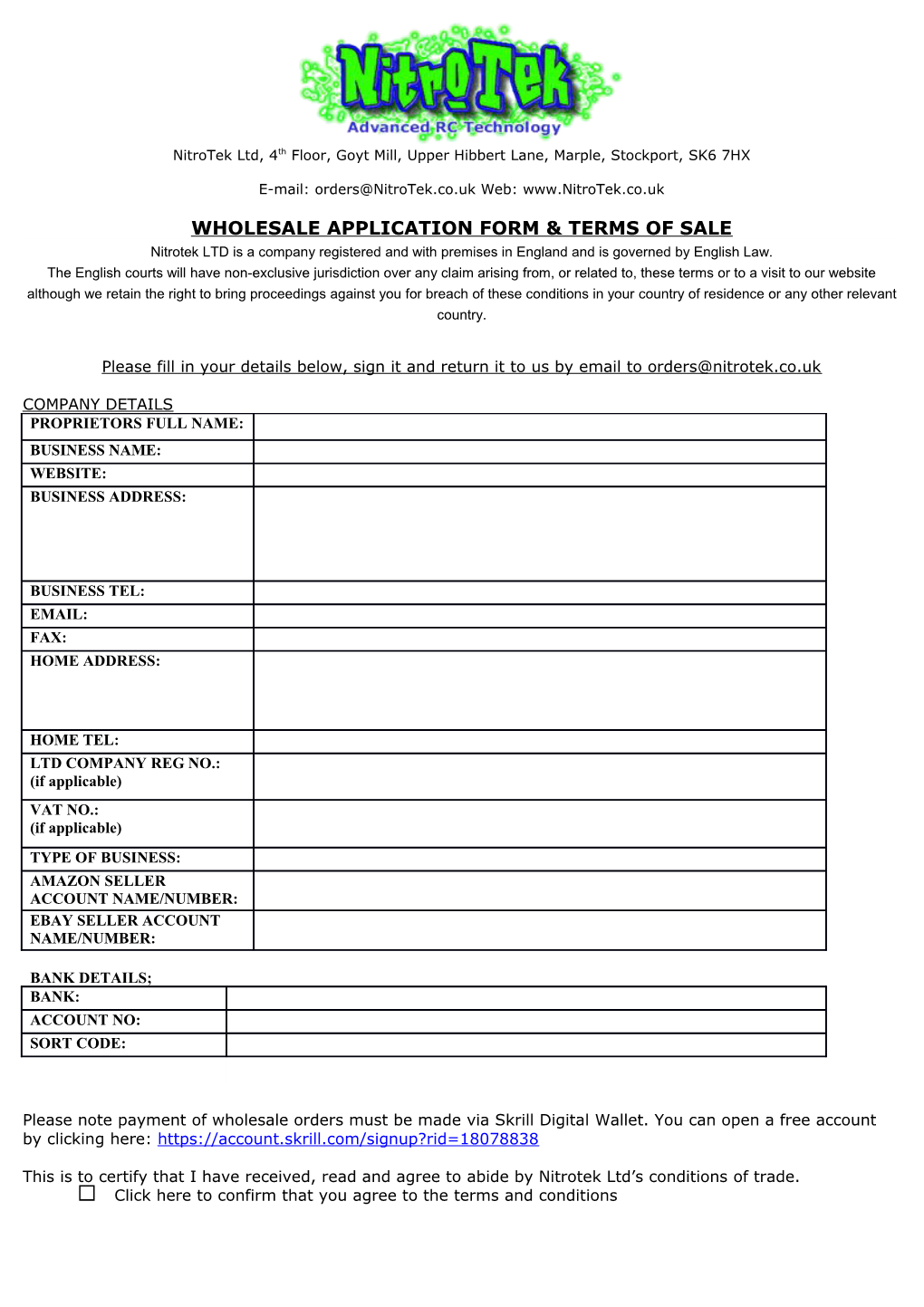 Wholesale Application Form & Terms of Sale