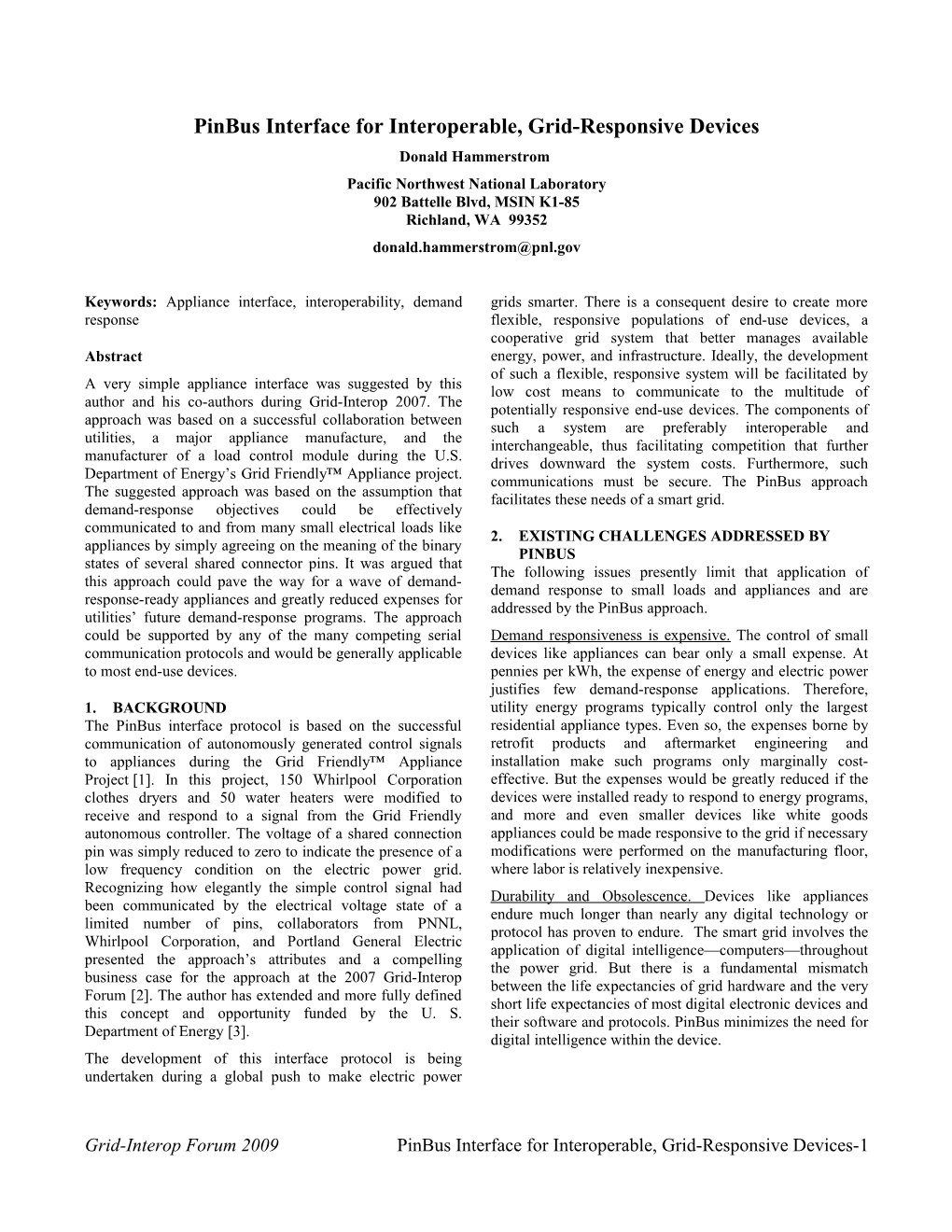 Pinbus Interface for Interoperable, Grid-Responsive Devices