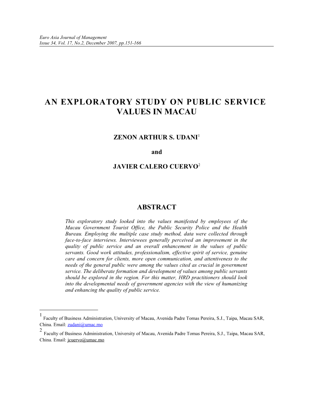 An Exploratory Study on Public Service Values in Macau